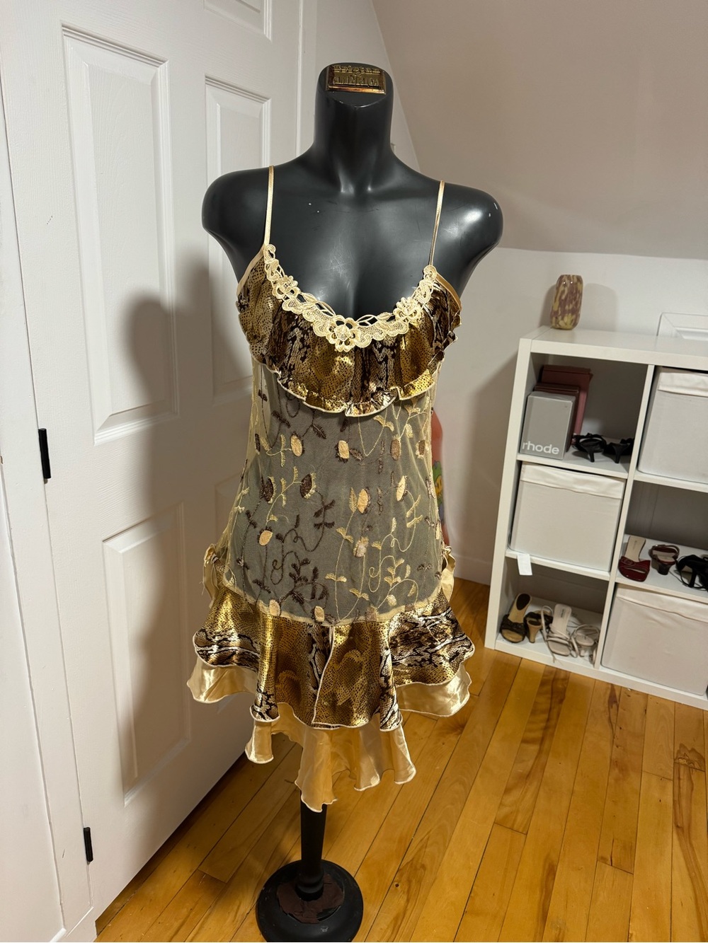 Elegant Gold Lace-Trim Satin Slip Dress